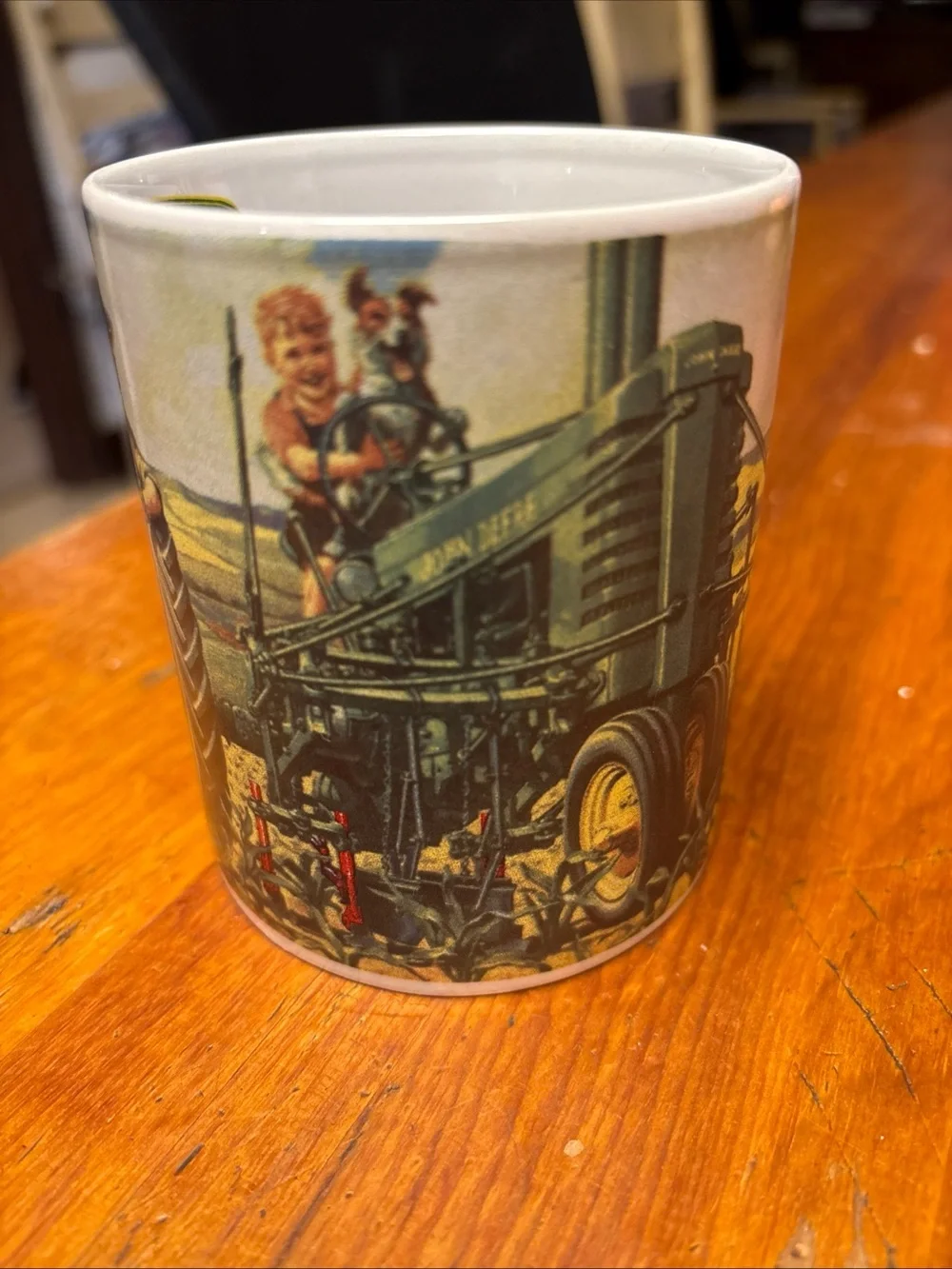 VTG John Deere White Ceramic Farm Scene Coffee Mug with Rural Artwork